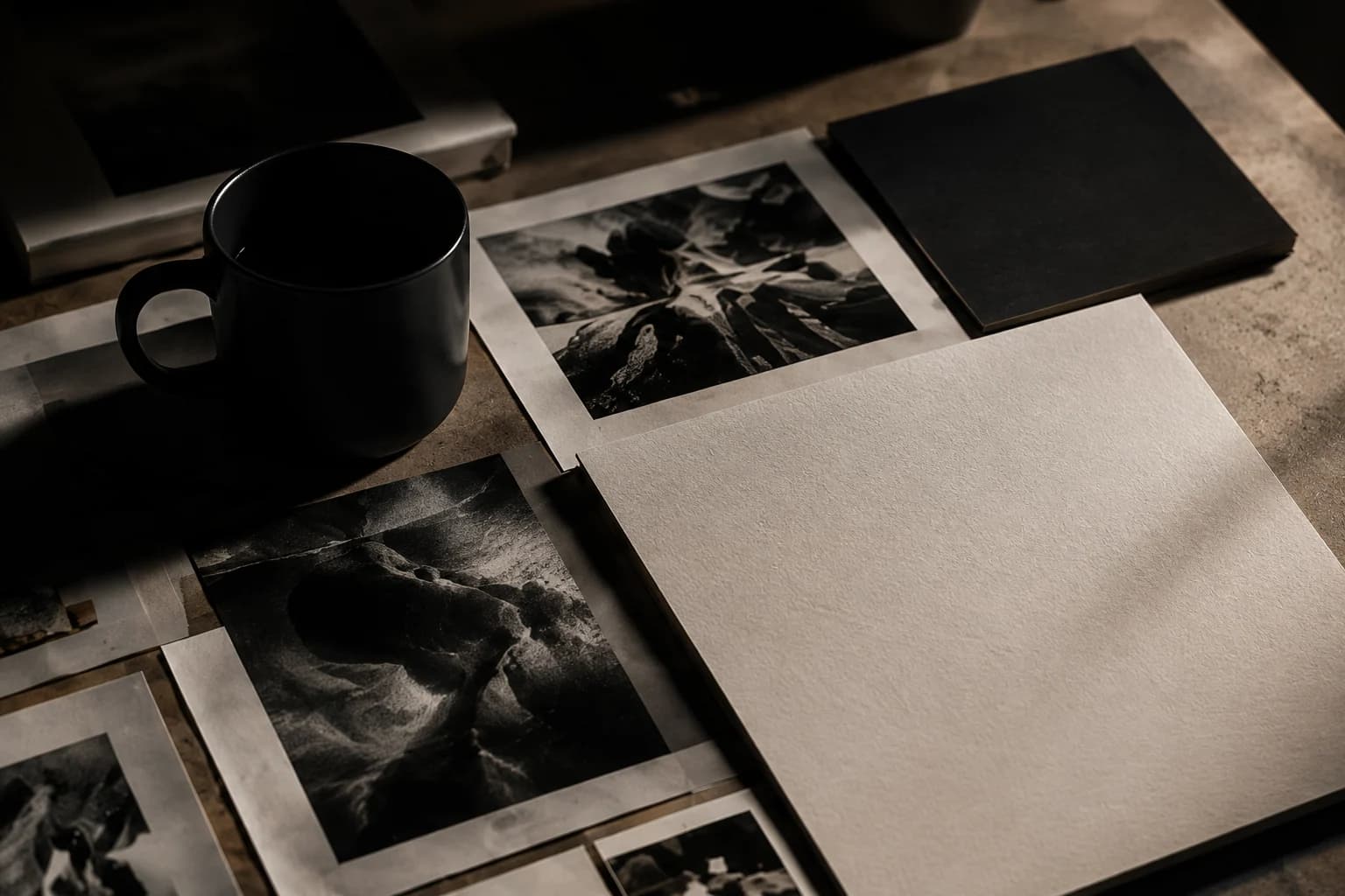 Black mug, image studies and a blank strategy sheet.